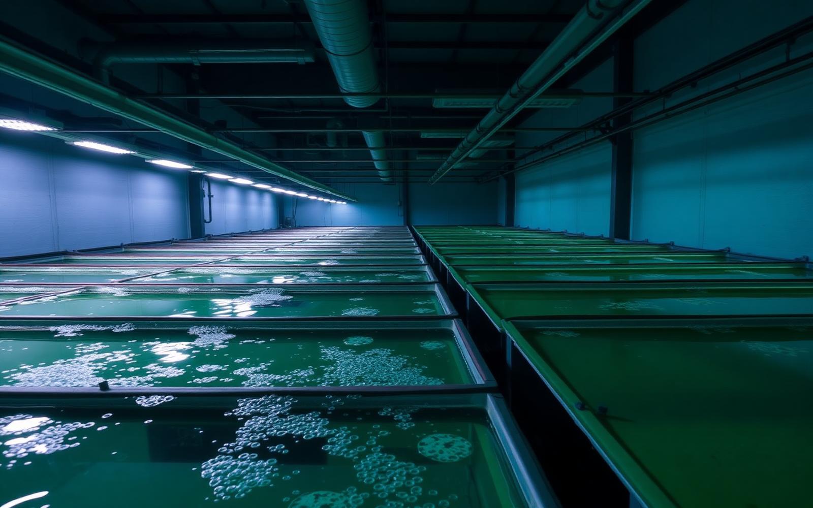 Rows of aquaculture holding tanks with sponge filters in a dimly lit aquatics facility