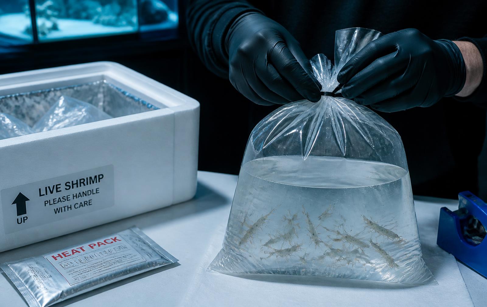 Gloved hands sealing a water-filled bag of live ghost shrimp beside an insulated shipping box