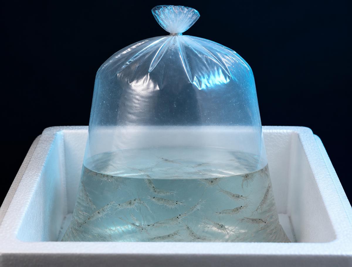 Bulk quantity of live ghost shrimp in an oxygenated shipping bag