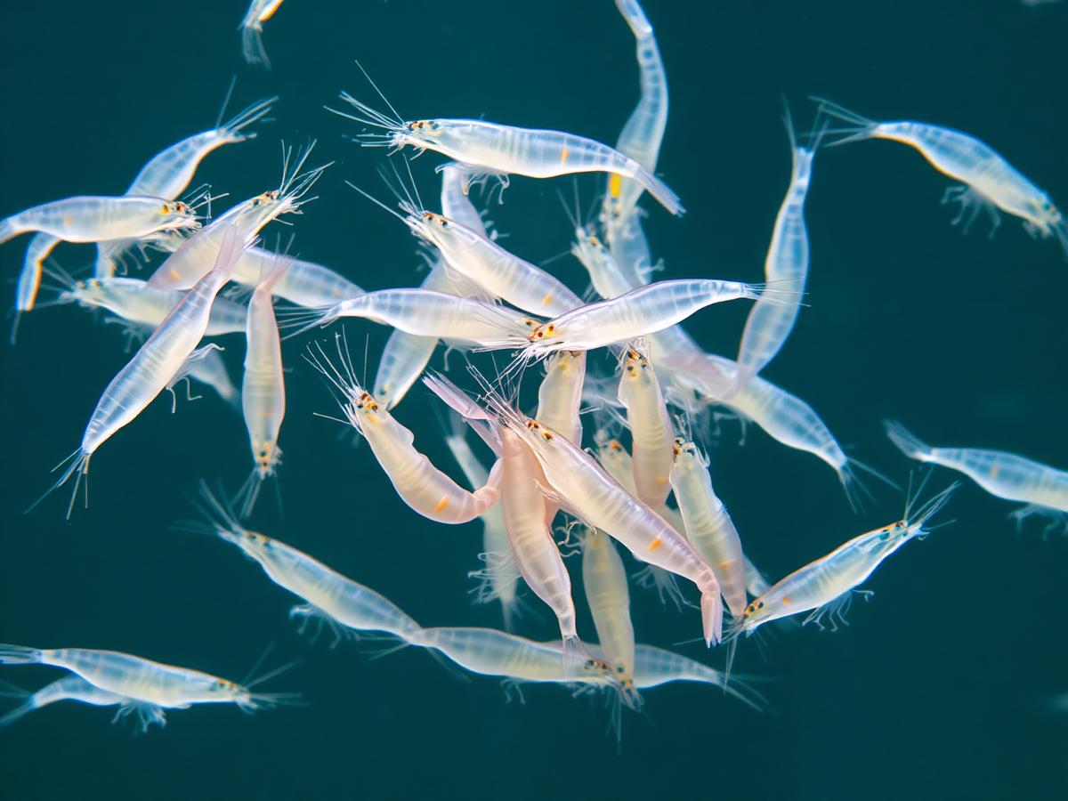 A dense group of translucent ghost shrimp in clean aquarium water