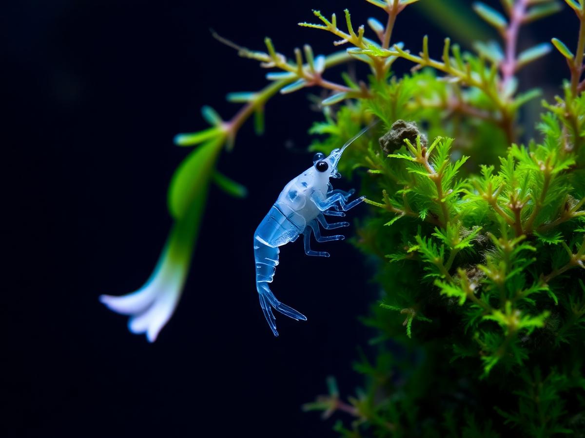 Ghost shrimp grazing on plant leaves in a dark planted aquarium