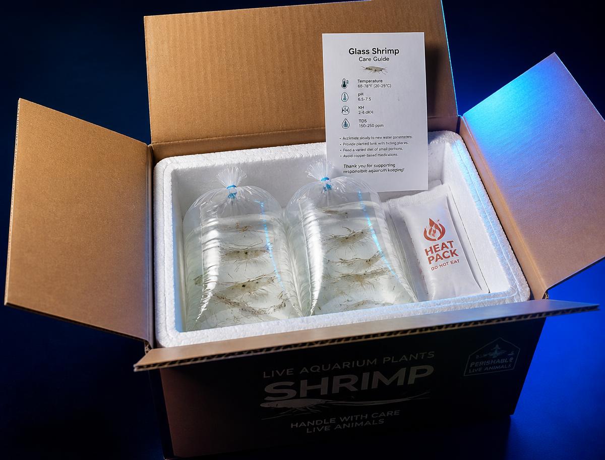 Insulated shipping box with oxygenated bags of live ghost shrimp, a heat pack and a care card